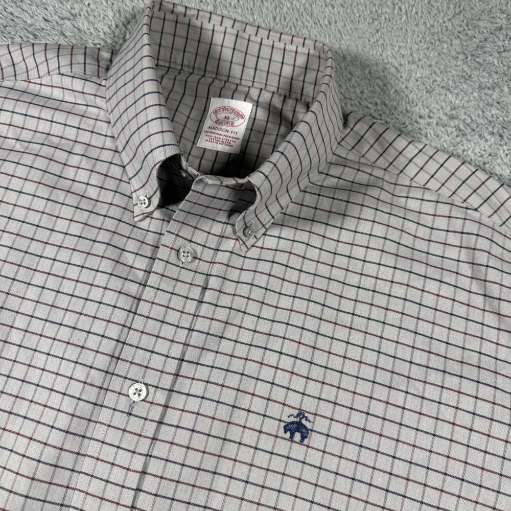 Brooks Brothers Oxford Button Down Shirt Mens XL Grey Madison Plaid Chest Logo - Picture 1 of 6